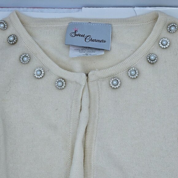 Sweet Charmers Ivory Cropped Cardigan Pearl Embellished Neckline Long Sleeves Wo - Picture 2 of 14